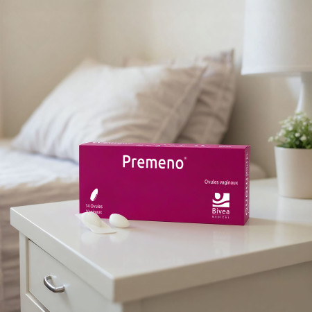 boite d'ovules Premeno posée sur une table de nuit