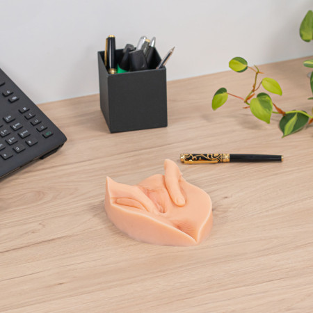 vulve avec lèvres écartées en silicone à louer  posée sur un bureau