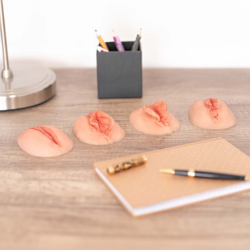 lot de 4 vulves en silicone posées sur un bureau