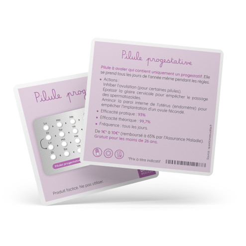Plaquette pilule progestative de démonstration avec carte explicative