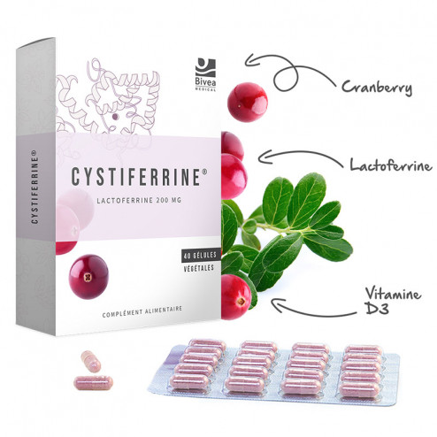 Cystiferrine est composé de lactoferin, de cranberry et de vitamine D3.