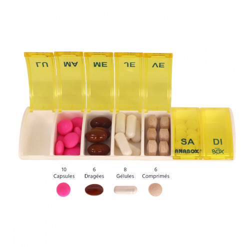 Pilulier Box7 jaune avec étui en cuir noir