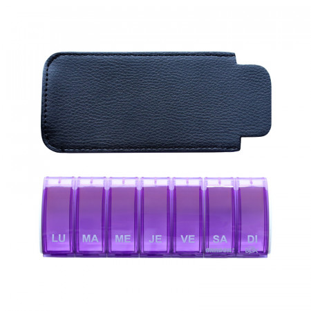 Pilulier Box7 violet avec étui en cuir noir