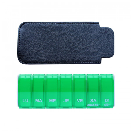 Pilulier Box7 vert avec étui en cuir noir